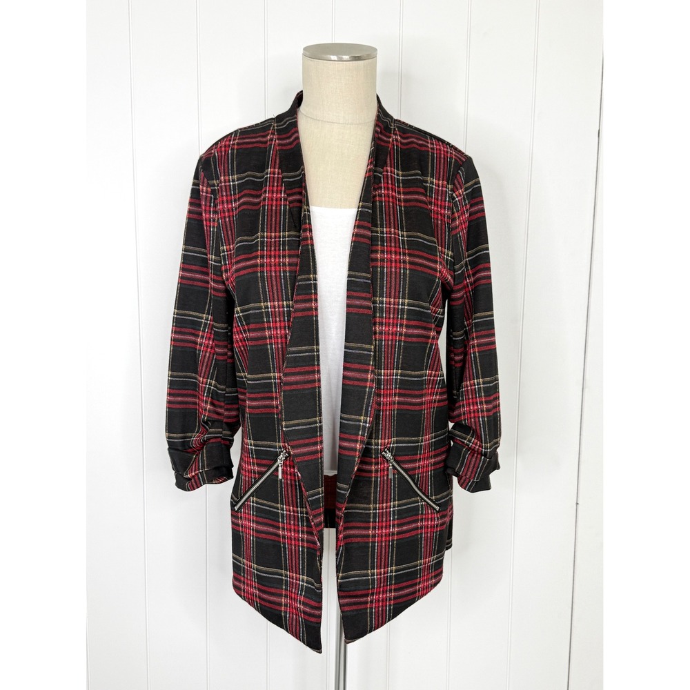 Maurices Plaid Open Front Blazer Women's L Red Black Tartan Dark Academia Preppy